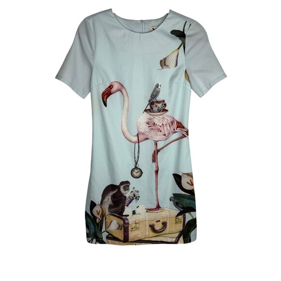 Yumi Light Blue‎ Flamingo & Monkey Print Dress Women's Size 2 Art to Wear - Picture 1 of 9